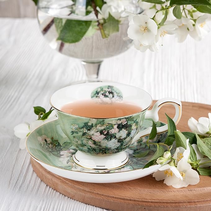 Floral Tea Cups Saucers Set of 2, Vangogh Paintings Bone China 7 oz British Teacups Porcelain Tea Cups Coffee for Rose Teacups Cappuccino Espresso Latte (White Roses & Flowers Vase)