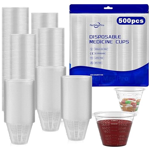 ReliMedPro disposable medicine cups graduated, bulk pack of 500, 1 oz (30ml) small plastic measuring cup for liquid medication, paint, epoxy, pill and resin
