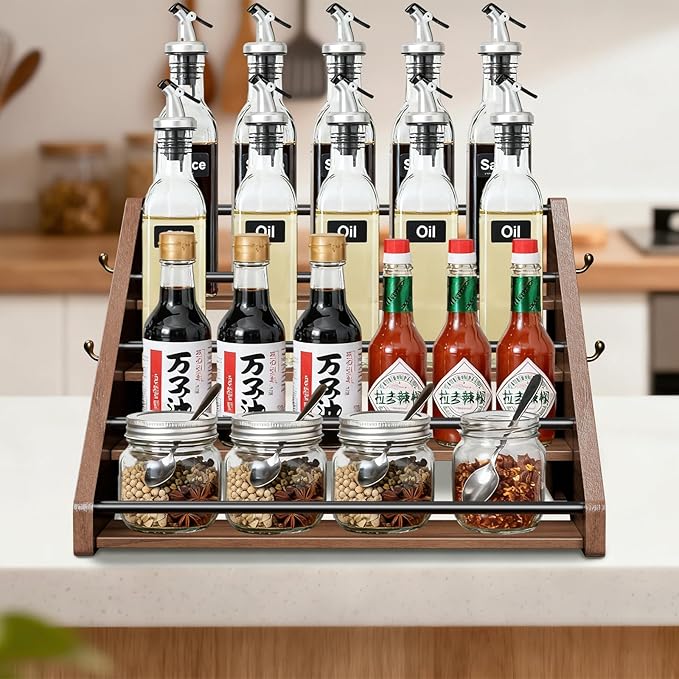 AHUONEL Coffee Syrup Organizer, 4-Tier Solid Wood Syrup Rack, Wine Rack, Storage Organizer for 16 Syrup Bottles/Spice Jars/Liquor Bottles, Sturdy Storage Stand for Coffee Bar