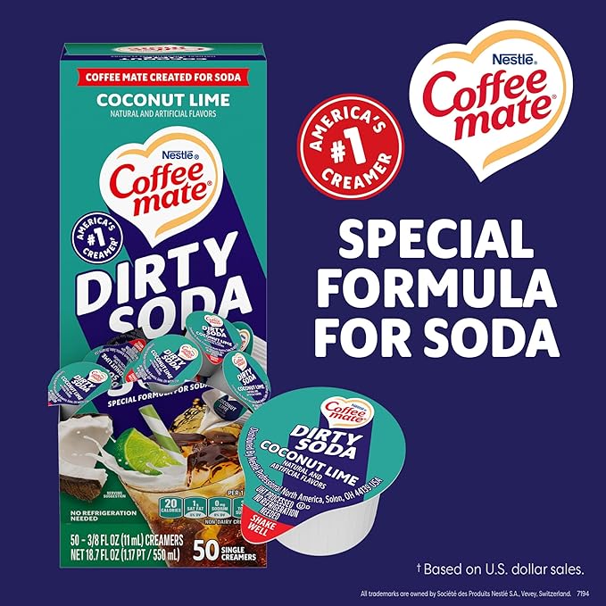 Nestle Coffee mate Creamer, Dirty Soda Coconut Lime Flavor, Liquid Creamer Singles, Non Dairy, No Refrigeration, 0.375 fl oz Tubs (Pack of 200)