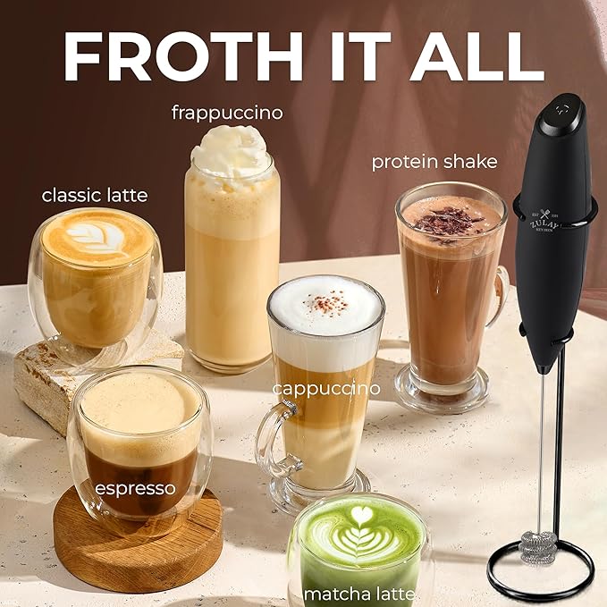 Zulay Kitchen Patented Tornado Triple Whisk Milk Frother with 4 Duracell Batteries – Handheld Foam Maker for Coffee, Lattes, Matcha & Hot Chocolate – Rich, Creamy Froth in Seconds