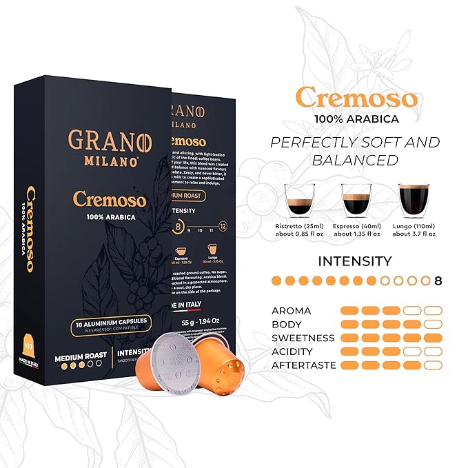 Grano Milano Cremoso Coffee Capsules - 50 Aluminum Coffee Pods Compatible with Nespresso Original line,100% Arabica Medium Roast - Intensity 8/12, Made in Italy