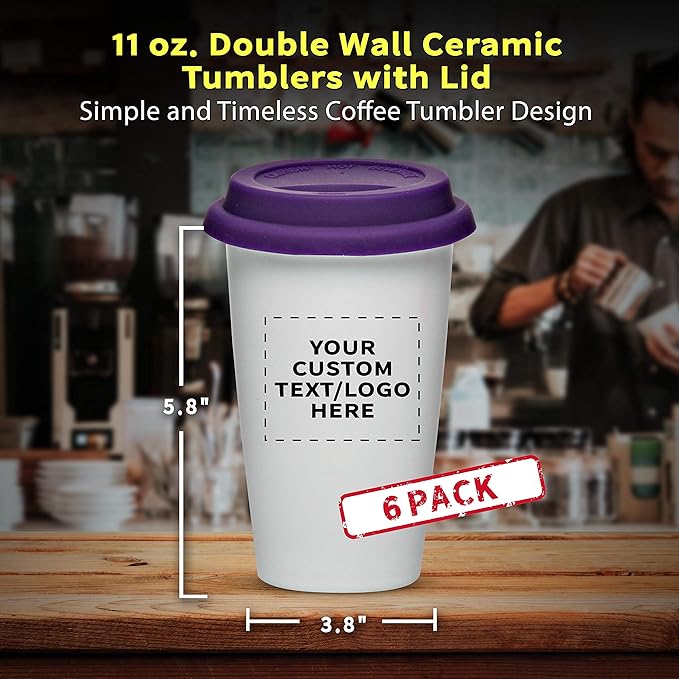 Personalized 11 oz. Double Wall Ceramic Tumblers with Lid - 6 Pack - Custom Text, Logo - Purple