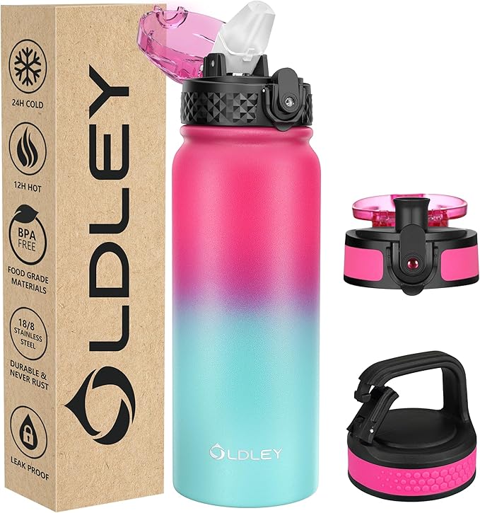 Oldley Insulated Water Bottle 20oz Water Bottles with Straw, Stainless Steel Water Bottle with 3 Lids, Double Wall Vacuum Bottels for Adults School Kids,Leak-Proof Sport Bottles, Rose Red-Green
