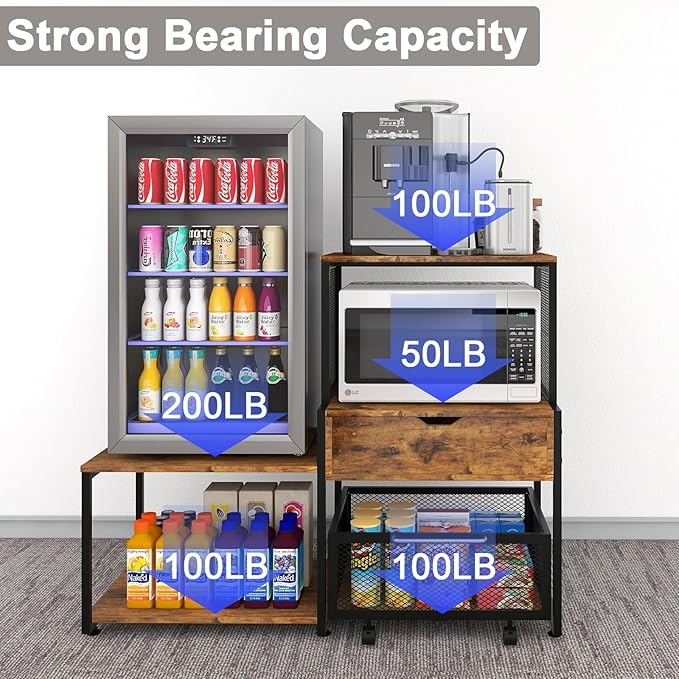 PUNCIA Mini Fridge Stand with Storage, Coffee Bar Cabinet with Power Outlet and Drawer — Beverage Refrigerator Table, Microwave Oven Stand with Rolling Basket for Home, Dorm, Apartment, Pantry