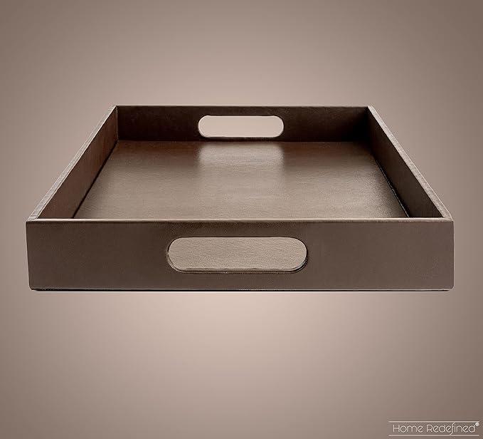 Beautiful Modern Elegant 17.5"x12" Rectangle Classic Brown Faux Leather Decorative Tray Ottoman Coffee Table Perfume Living Room Kitchen Serving Tray with Handles for All Occasion's