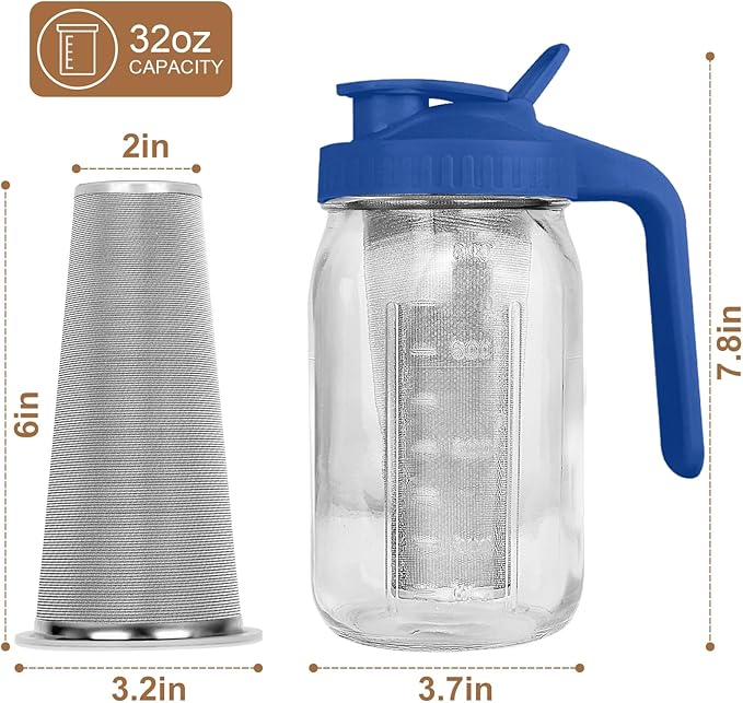 QHH Cold Brew Coffee Maker,32 oz Mason Jar Pitcher with Stainless Steel Filter, Pour Spout Handle Lid, Heavy Duty Glass Airtight & Leak-Proof Pitcher for iced coffee Tea Lemonade-Blue