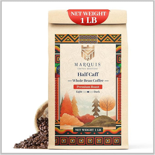 Marquis - Half Caff Coffee, Rich Blend of Half Ethiopian Yirgacheffe & Colombian Decaf Coffee Beans, Fresh Dark Roast with a Fruity Flavor, Premium Half Caff - 1 lb