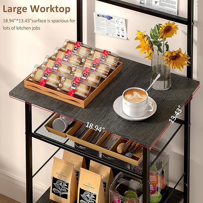 5 Tier Coffee Bar Station, Kitchen Stand with 4 S-Shaped Hooks, Farmhouse Corner Coffee Bar for Small Spaces, Bakers Rack for Kitchen, Entryway, Living Room, 13.43"D x 18.93"W x 53.31"H,Gray