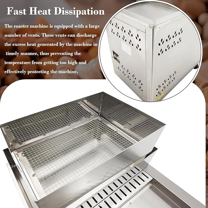 Commercial Gas Roaster Coffee Bean Nuts Drum Roasting Machine 16.5LBS Natural/Liquefied Gas Stainless Steel Roaster Frying Machine Melon Seeds Peanuts Nuts Chestnuts Baker Burner 0-300℃ 110V