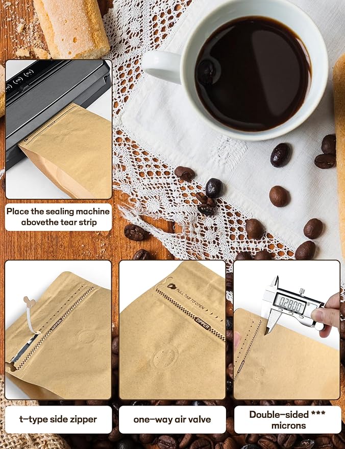 FireKylin 100 PCS Coffee Bags with Valve, (16 oz, 1 lb) Paper Stand Up Pouches, Resealable Vented Food Storage Bags Side Zipper (Kraft)