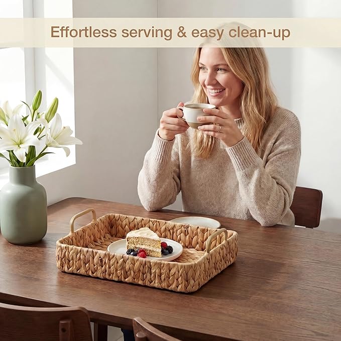 Set of 2 Rectangular Wicker Trays with Handles - Decorative Trays for Coffee Table, Ottoman, Dining Room, Living Room (Natural)