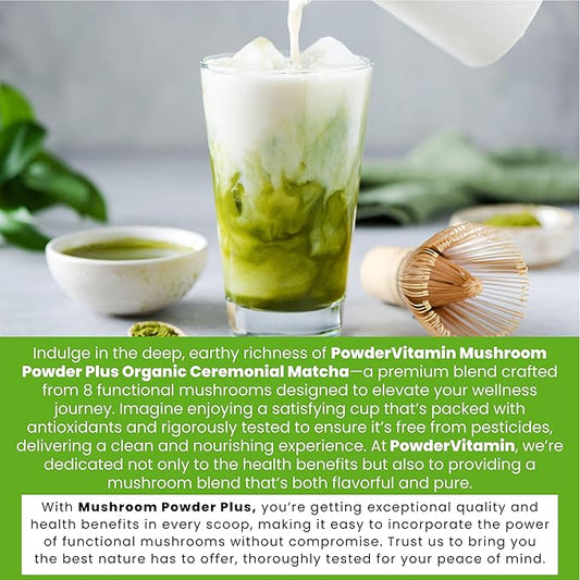 PowderVitamin Organic Ceremonial Mushroom Matcha Certified Pesticide-Free Grass-Fed Collagen Types I & III, 8 Fruiting Body Mushrooms Tested for Beta-Glucans Focus Digestion & Immunity 15 Servings