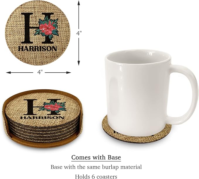 Smile Art Design Family Monogram Custom Coaster Set of 6 with Base Round Burlap Material Family Name Personalized Prints Personalized Gifts House Warming Wedding Gift Living Room Rustic Decor Style6