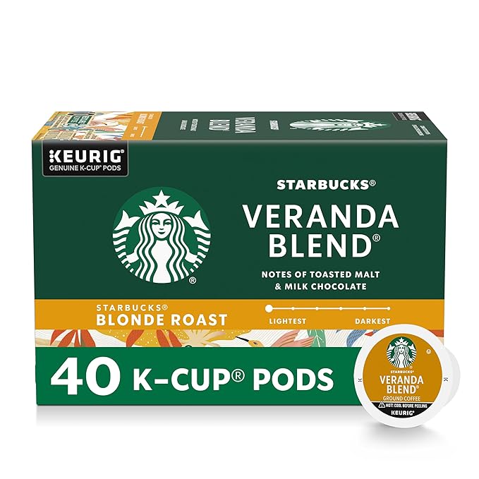 Starbucks K-Cup Coffee Pods, Starbucks Blonde Roast Hot or Iced Coffee, Veranda Blend, 40 Keurig Pods