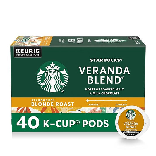 Starbucks K-Cup Coffee Pods, Starbucks Blonde Roast Hot or Iced Coffee, Veranda Blend, 40 Keurig Pods