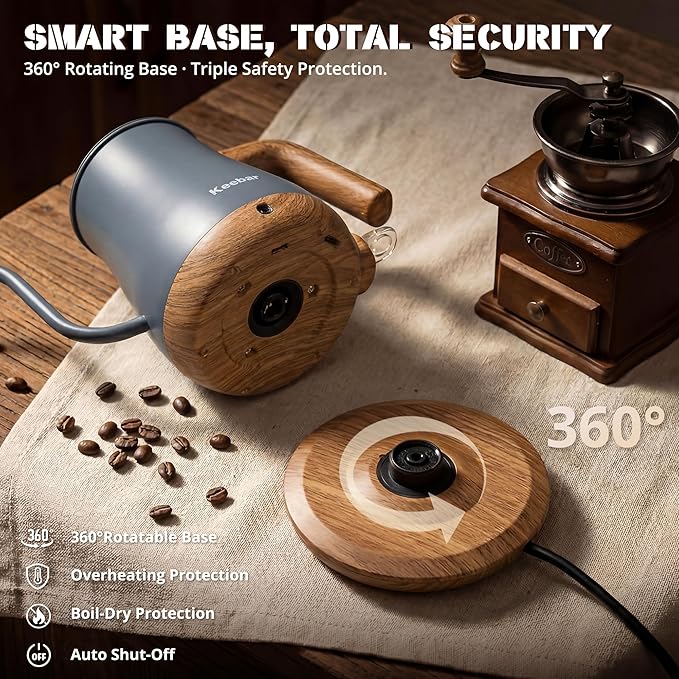 Gooseneck Electric Kettle, Electric Tea Kettle Stainless Steel, Electric Kettle for Coffee, 1000W Kettle Electric Auto Shut Off, 0.8L, Wood-like Grain Finish Handle, Gray