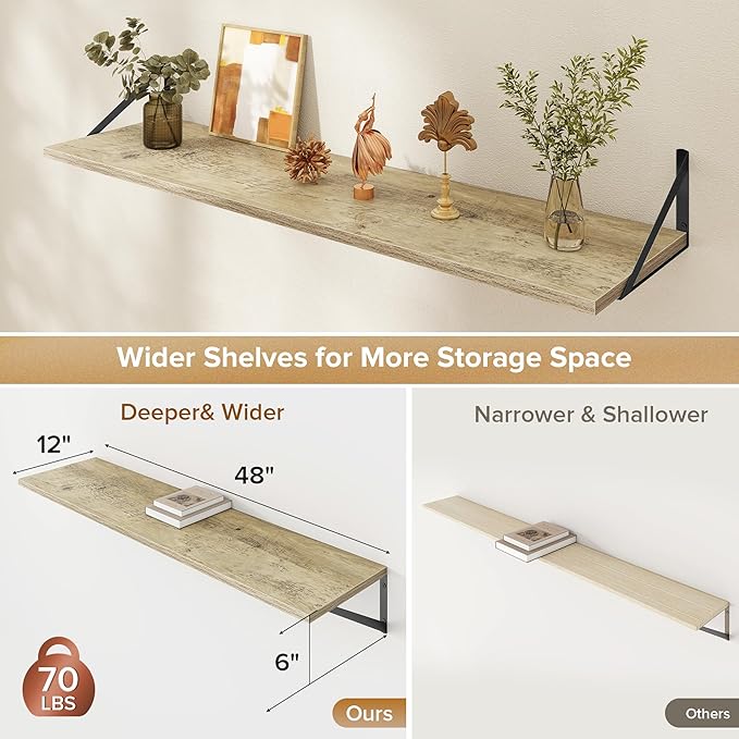 Deep Floating Shelves Wall Mounted, 48"x12" Gray Wall Shelves with Brackets Set of 2 for Bedroom, Living Room, Bathroom, Kitchen, Office - Storage & Display Shelf for Decor, Books, Plants