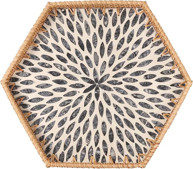 Hexagon Rattan Tray with Mother of Pearl Inlay, Rattan Serving Tray for Coffee, Bread, Fruits, Snacks, Decorative Wicker Tray for Table Decor, Home Decor (Dark Blue Leaves, 14.5"×12.8")