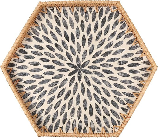 Hexagon Rattan Tray with Mother of Pearl Inlay, Rattan Serving Tray for Coffee, Bread, Fruits, Snacks, Decorative Wicker Tray for Table Decor, Home Decor (Dark Blue Leaves, 14.5"×12.8")
