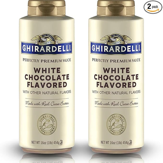 Ghirardelli White Chocolate Flavored Sauce Squeeze Bottles | 16 oz (Pack of 2) | Smooth Creamy White Chocolate Dessert Topping for Coffee Drinks, Ice Cream, and Baking Recipes