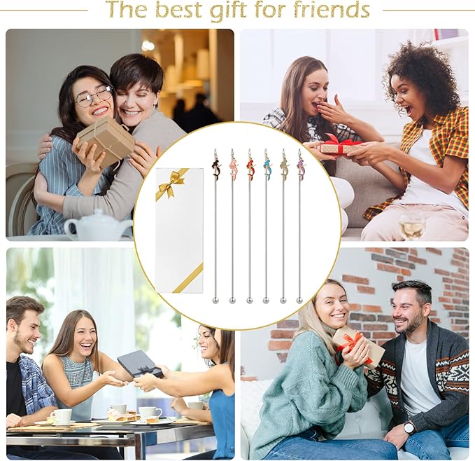 6 Pcs Cocktail Stirrers Swizzle Sticks Stainless Steel 7.5" Coffee Beverage Stir Sticks with Mermaid Charms Pendants for Mixing Cocktail
