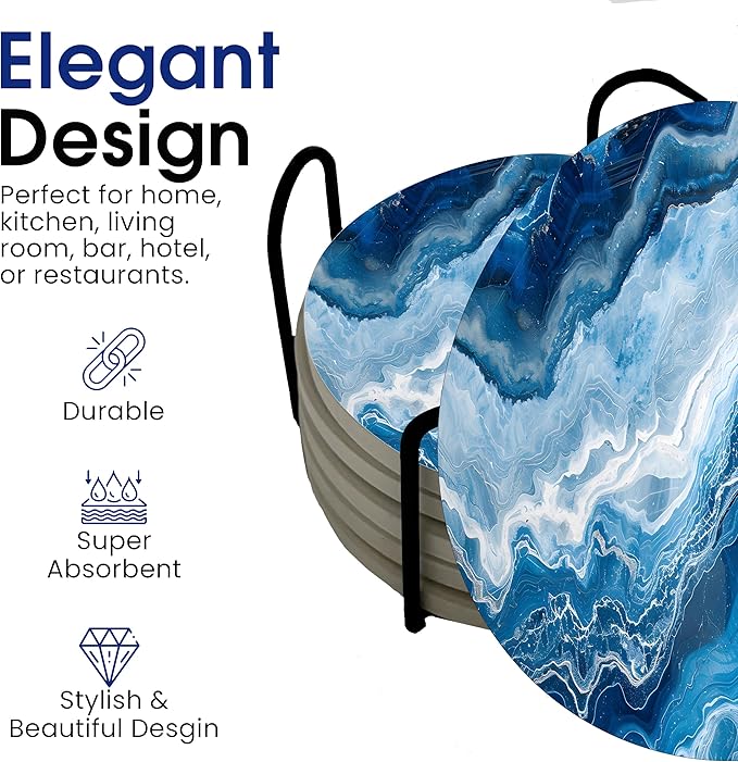 Blue Agate Marble Round Coasters Set of 6 - Abosrbent Ceramic Coasters with Metal Stand for Drinks, Coffee, Non-Slip Cork Back for Tabletop Protection, 4 Inches Marbled Pattern (Marble)