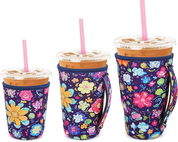 3 Pack Iced Coffee sleeve Insulated Neoprene Cup Sleeves with handle For Cold Drinks Beverages, Reusable Cup Holder for 16oz-32oz Coffee Cups (Abstract Flowers)