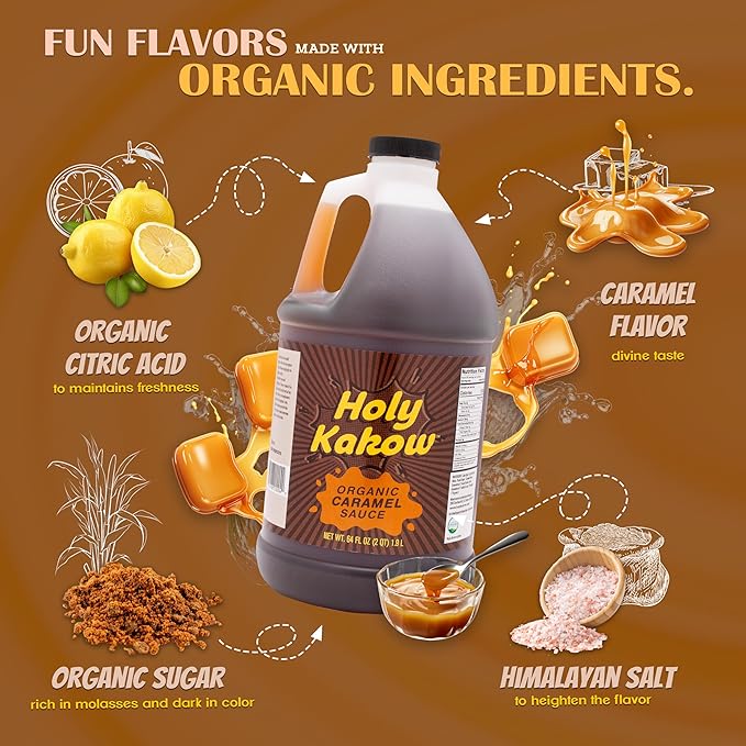 Holy Kakow Organic Caramel Sauce - Caramel Sauce for Coffee, Caramel Drizzle, Vegan Caramel Sauce, Keto Caramel Sauce for Ice Cream, Dairy-Free Caramel Sauce, Gluten-Free, Allergen-Free - 64 Oz
