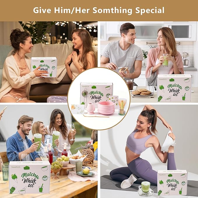 5pcs Premium Matcha Set,Ceramic Bowl with Spout and Bamboo Whisk set, Ceremonical Matcha Kit for breakfast/latte,Tea Starter Making Kit,Unique Matcha Gift set (pink)