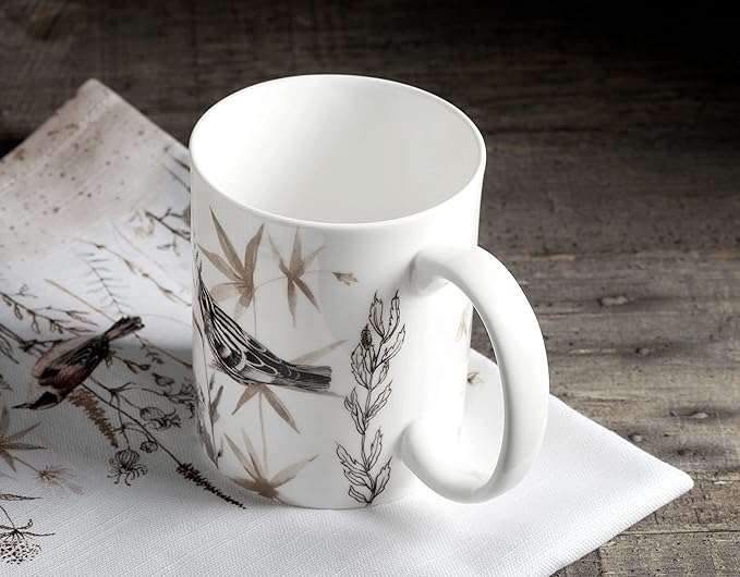 Maison d' Hermine Coffee Mug with Handles Fine Bone China Mugs Pack of Two Tea Cups for Hot Beverages Cappuccino Latte Home Restaurant Office Perfect for Gift (Meadow Florals - Brown, 12 Ounce)