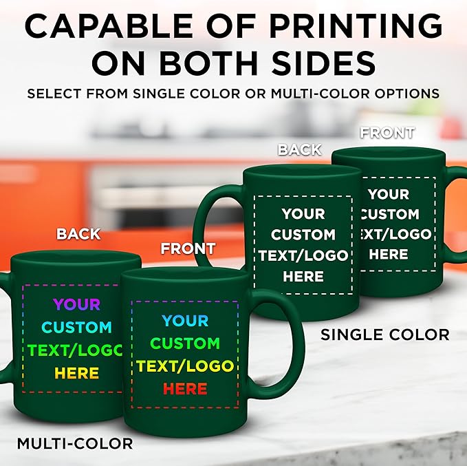 Custom Ceramic Coffee Mugs 11 oz. Set of 50, Personalized Bulk Pack - Coffee cup set, Iced coffee cup, Gaming mug - Green