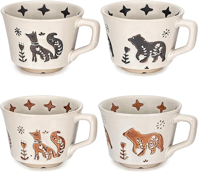 LINVIA Ceramic Coffee Mug, 12 oz Novelty Unique Teacup with Handle, Stoneware Cup for Tea Mocha Latte Cappuccino Espresso (Set of 4, Fox and Bear)