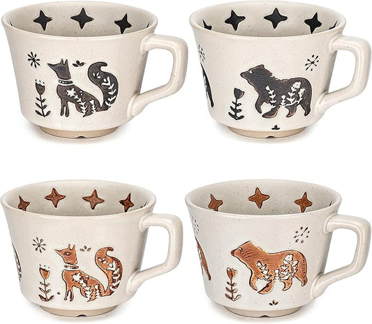 LINVIA Ceramic Coffee Mug, 12 oz Novelty Unique Teacup with Handle, Stoneware Cup for Tea Mocha Latte Cappuccino Espresso (Set of 4, Fox and Bear)