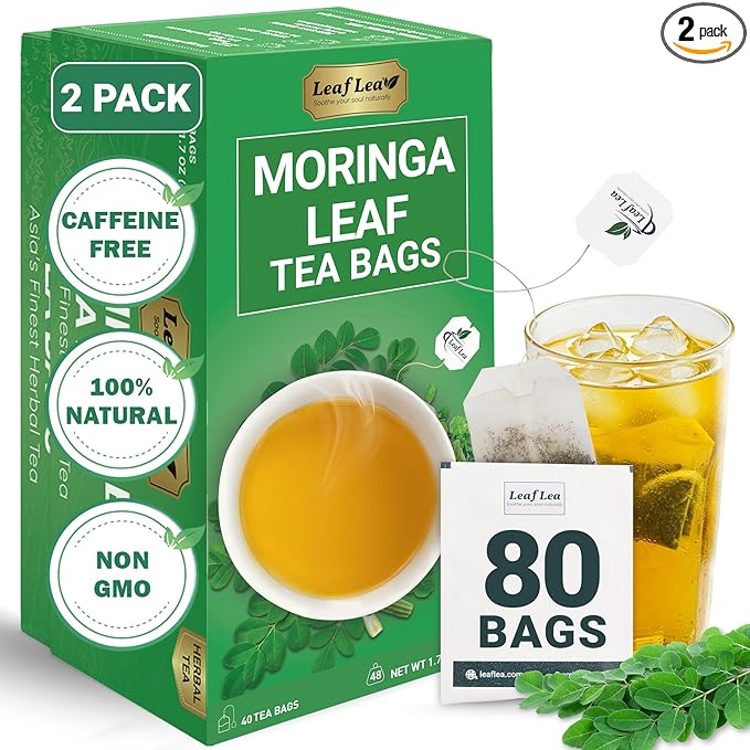 LeafLea 80 Moringa Tea Bags, Made from Natural Moringa Leaves, Caffeine-Free Herbal Tea, Sugar-Free, Individually Wrapped for Fresh Flavor (Pack of 2)