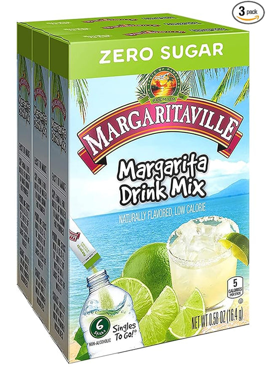 Margaritaville Singles To Go Water Drink Mix - Margarita Flavored, Non-Alcoholic Powder Sticks (3 Boxes with 6 Packets Each - 18 Total Servings)