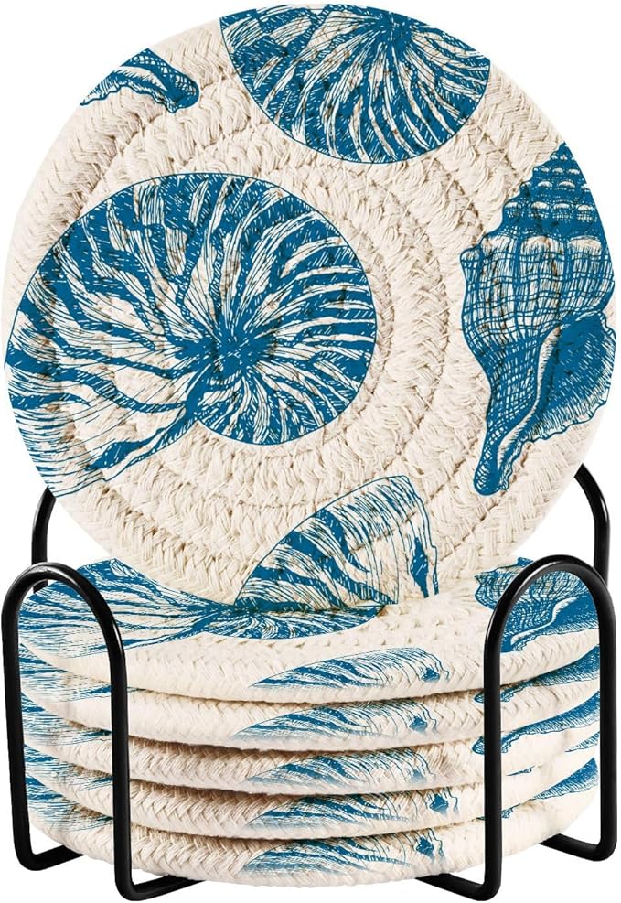 Coasters for Drinks with Holder Blue Shell Starfish Retro Ocean Drink Coasters Set of 6 Absorbent Decorative Bar Coasters Cotton Woven Coasters for Coffee Table Protection