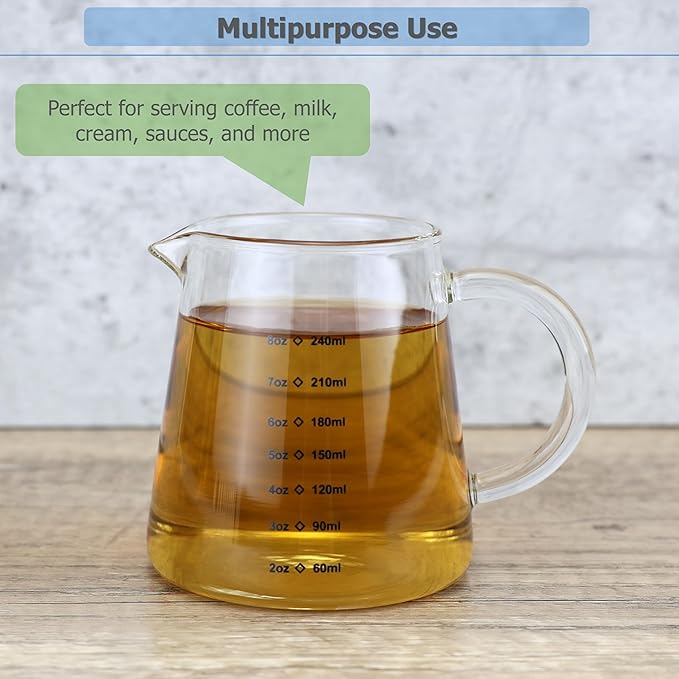 EIKS 2 Pack Glass Creamer Pitcher with Handle and Measurement Scale for Serving Coffee Milk Cream Tea Beverage Sauce Jam dressings (Capacity 240ml / 8oz)