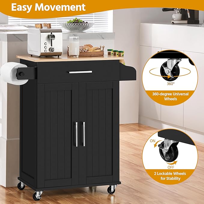 Yaheetech Kitchen Island on Wheels with Storage Cabinet, Rolling Kitchen Cart with Bamboo Top & Drawer & Spice Rack Towel Bar, Microwave Stand Cart for Kitchen/Dining Room, Black