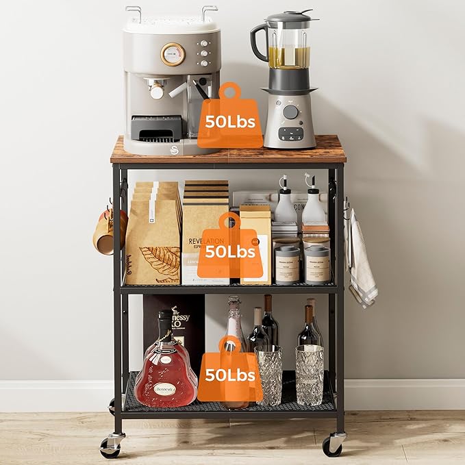 3-Tier Rolling Kitchen Microwave Cart, Kitchen Utility Cart on Lockable Wheels, Coffee Bar Table Station with 6 S-Shaped Hooks, Small Appliance Storage Shelf, Rustic Brown and Black
