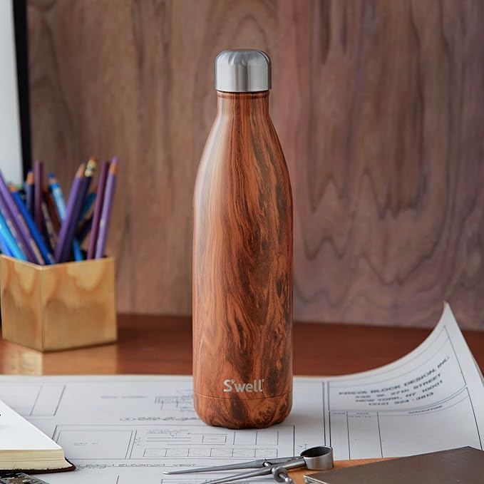 S'well Stainless Steel Water Bottle, 25oz, Teakwood, Triple Layered Vacuum Insulated Containers Keeps Drinks Cold for 48 Hours and Hot for 24, BPA Free, Perfect for On the Go