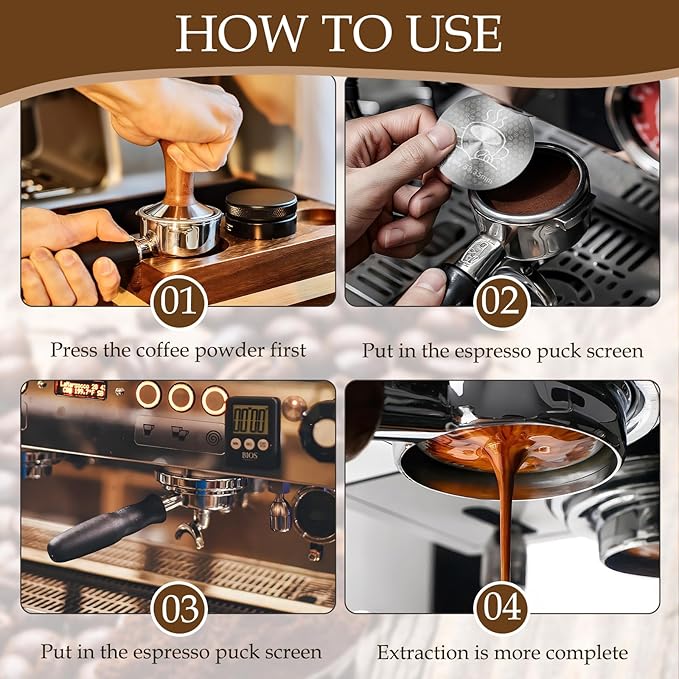 58.35mm Espresso Puck Screen with Stand, 0.9mm 150μm Ultra Thin Reusable Coffee Filter Compatible with Breville Barista 58.5mm Portafilter Basket, 304 Stainless Steel Espresso Machine Accessories