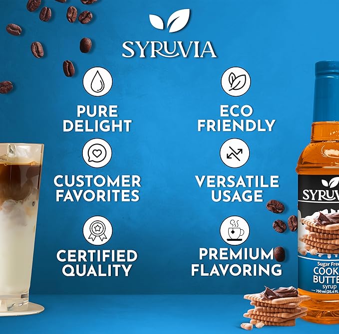 Syruvia Sugar Free Coffee Syrup, Cookie Butter Flavored Syrup for Drinks, Lattes, and Desserts – 25.4 fl oz, With Pump