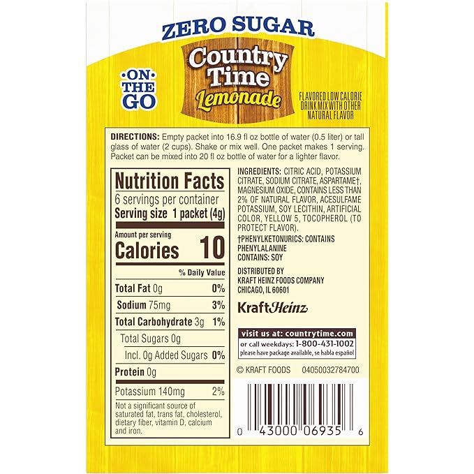 Country Time Zero Sugar Lemonade Naturally Flavored Powdered Drink Mix, 6 ct On-the-Go Packets