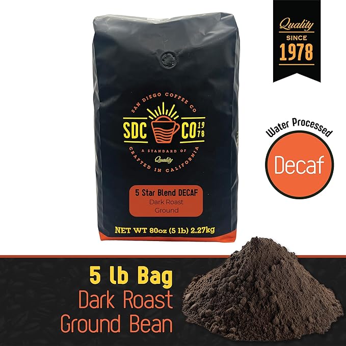 San Diego Coffee 5 Star Blend DECAF, Dark Roast, Ground Coffee, 5-Pound Bag Café descafeinado molido tostado