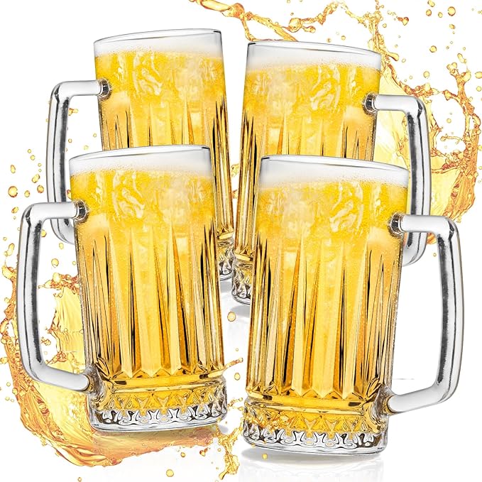 20oz Beer Mug, 4 Pack Glass Beer Mugs for Freezer, Clear Large Beer Steins with Handle, Gifts for Men
