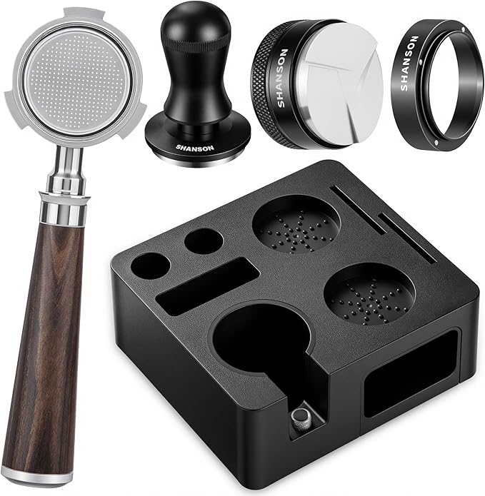 ShanSon Espresso Accessories Kit,7-in-1 51mm Compact Espresso Tamper Set: Espresso Tamper, Distributor, Bottomless Portafilter, Dosing Funnel,Station