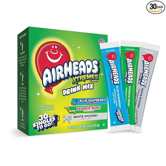 Airheads Xtreme Singles To Go! Drink Mix 30ct Variety Pack, Zero Sugar, Low Calorie, Sweet & Sour Powder Drink Mix Packets, Blue Raspberry, Rainbow Berry, White Mystery, 30 Count