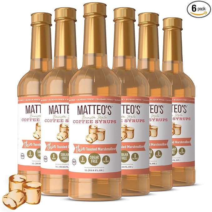 Matteo's Toasted Marshmallow Syrup for Coffee, Lattes, Cappuccinos & Desserts – Sugar-Free Sweetener for Beverages, Keto Friendly, Zero Calories, Indulgent Flavor, Non-Alcoholic, 33.8oz (6pk)