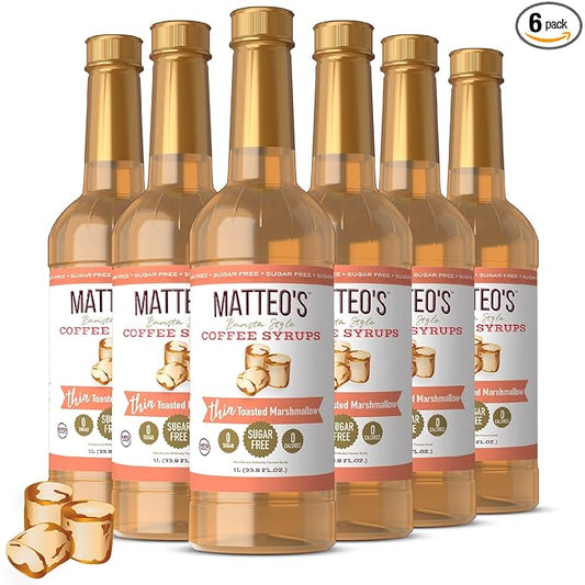 Matteo's Toasted Marshmallow Syrup for Coffee, Lattes, Cappuccinos & Desserts – Sugar-Free Sweetener for Beverages, Keto Friendly, Zero Calories, Indulgent Flavor, Non-Alcoholic, 33.8oz (6pk)